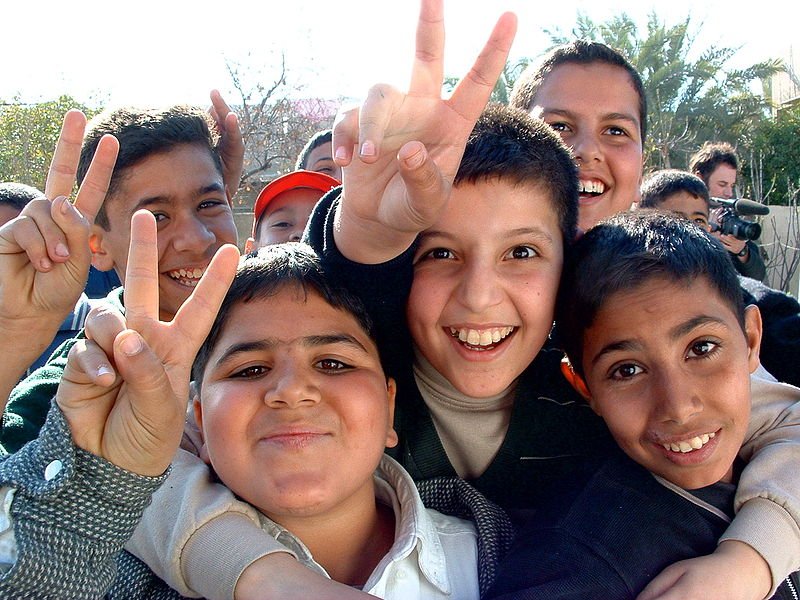 Iraqi boys outside the Amiriya bomb shelter, Baghdad