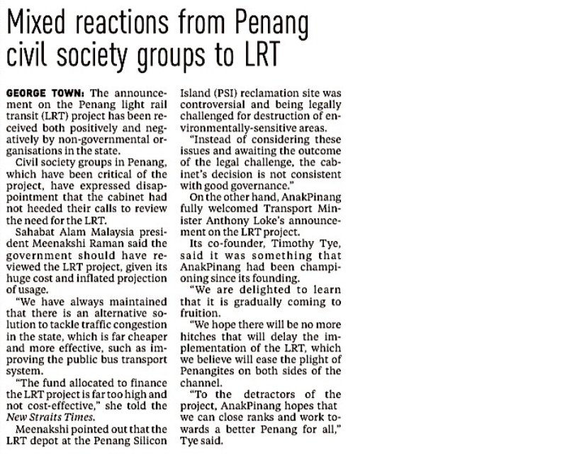 Mixed reaction from Penang civil society groups to LRT