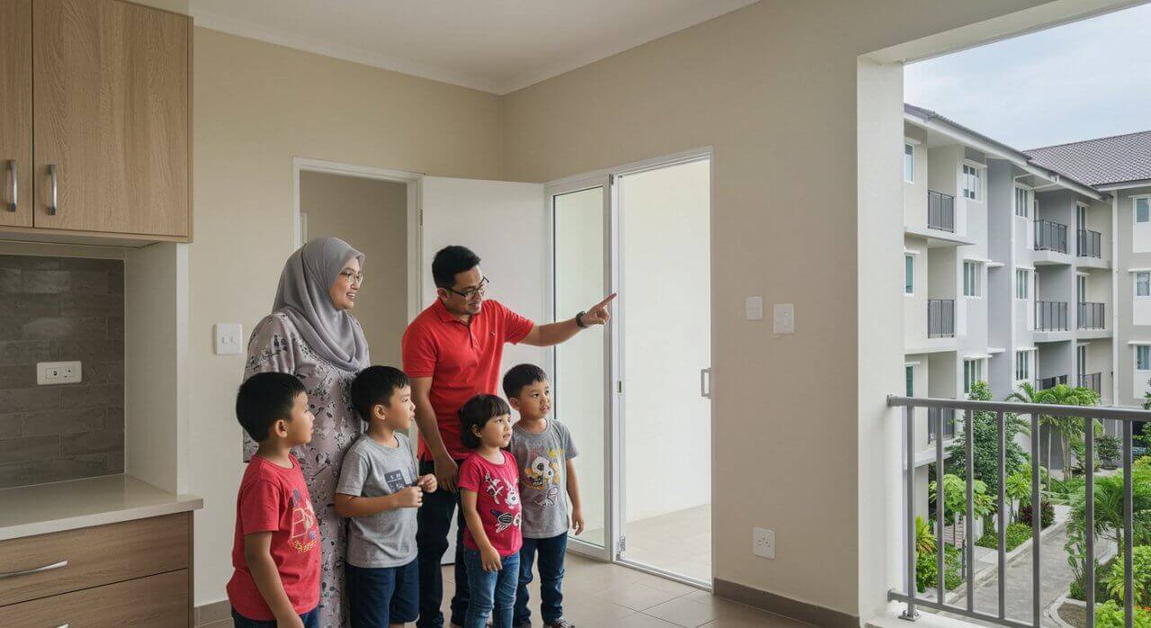 A Malay family examining their newly completed affordable housing unit