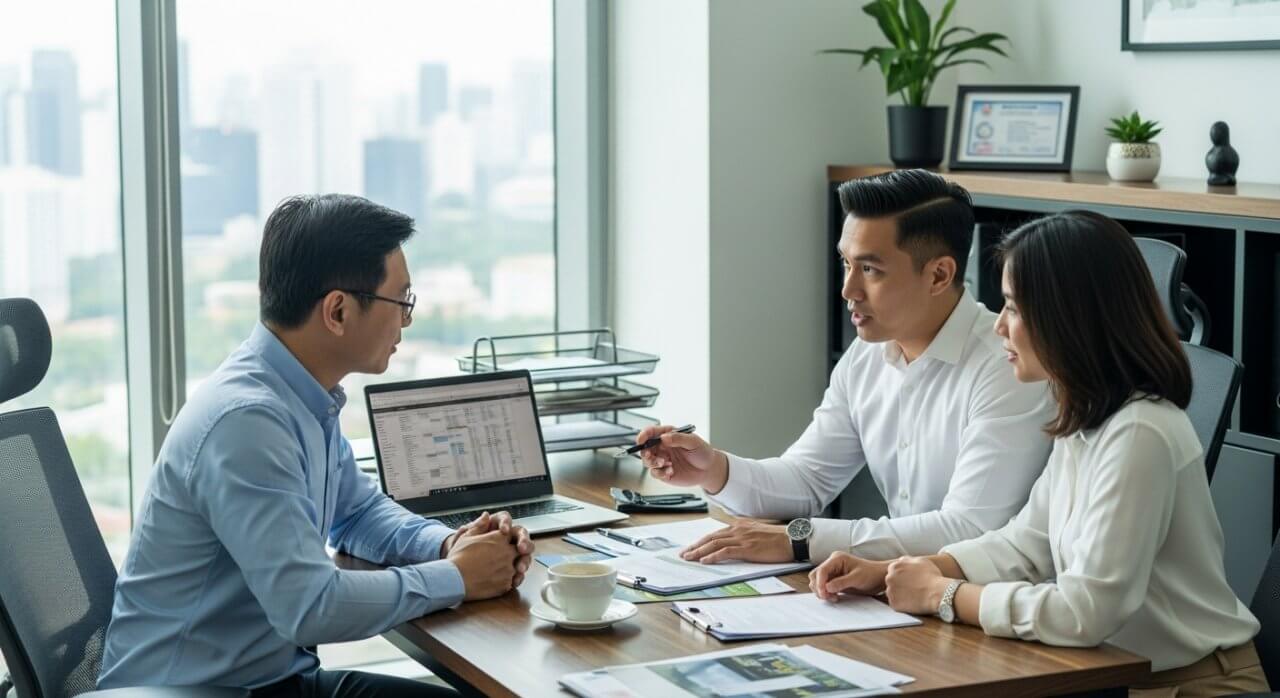 Real estate agent explaining buyer's stamp duty to a Singapore couple