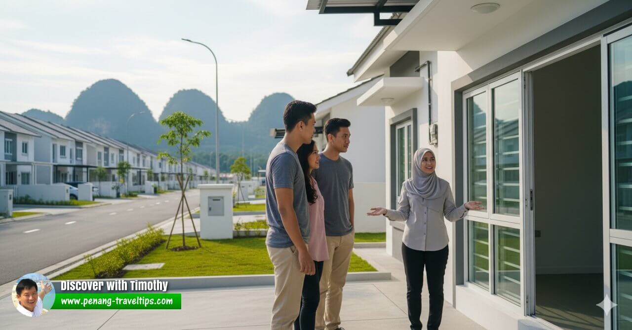 Real estate agent showing potential buyers a new single-storey terrace house in a modern housing estate in Ipoh, Perak, with limestone hills in the background.