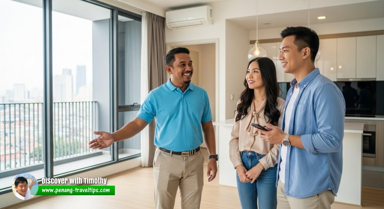 Real estate agent showing a high-rise apartment unit in Malacca to a young couple