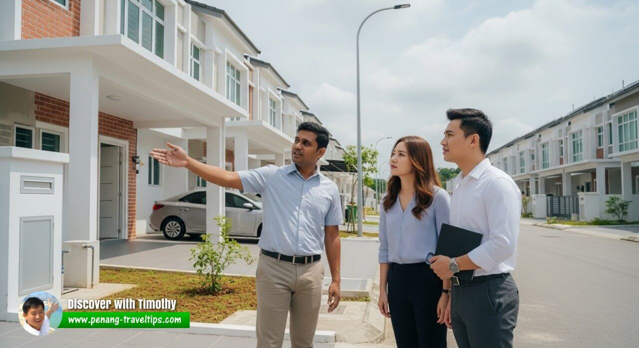 Real estate agent showing a young Kuala Lumpur couple a newly completed double-storey terrace house in Malacca