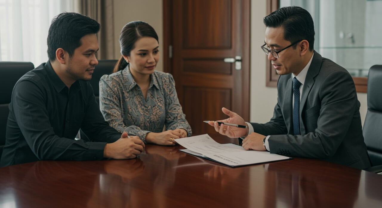 The lawyer explaining the Memorandum of Transfer to the property buyers