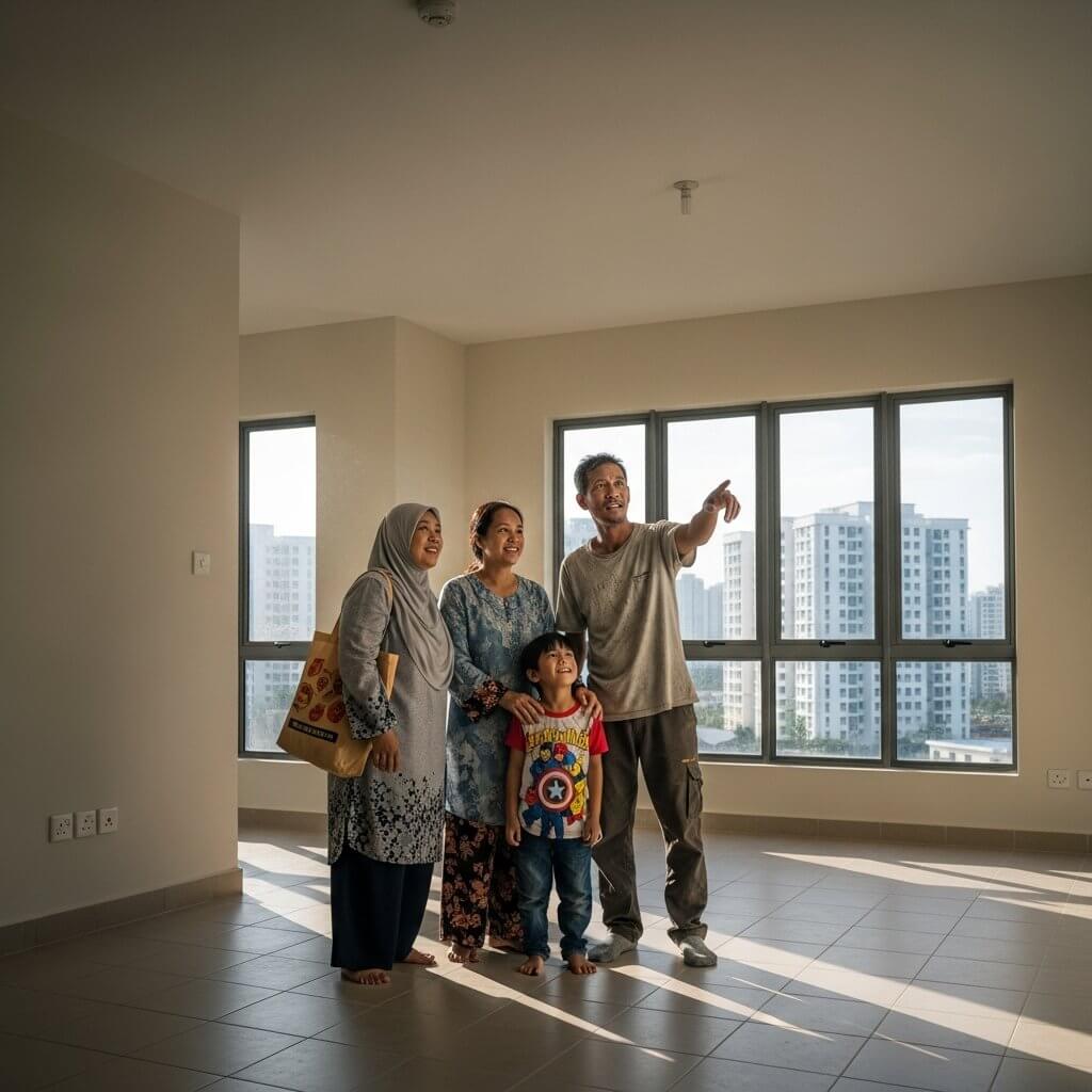 Sebuah keluarga mengagumi rumah mampu milik baharu mereka