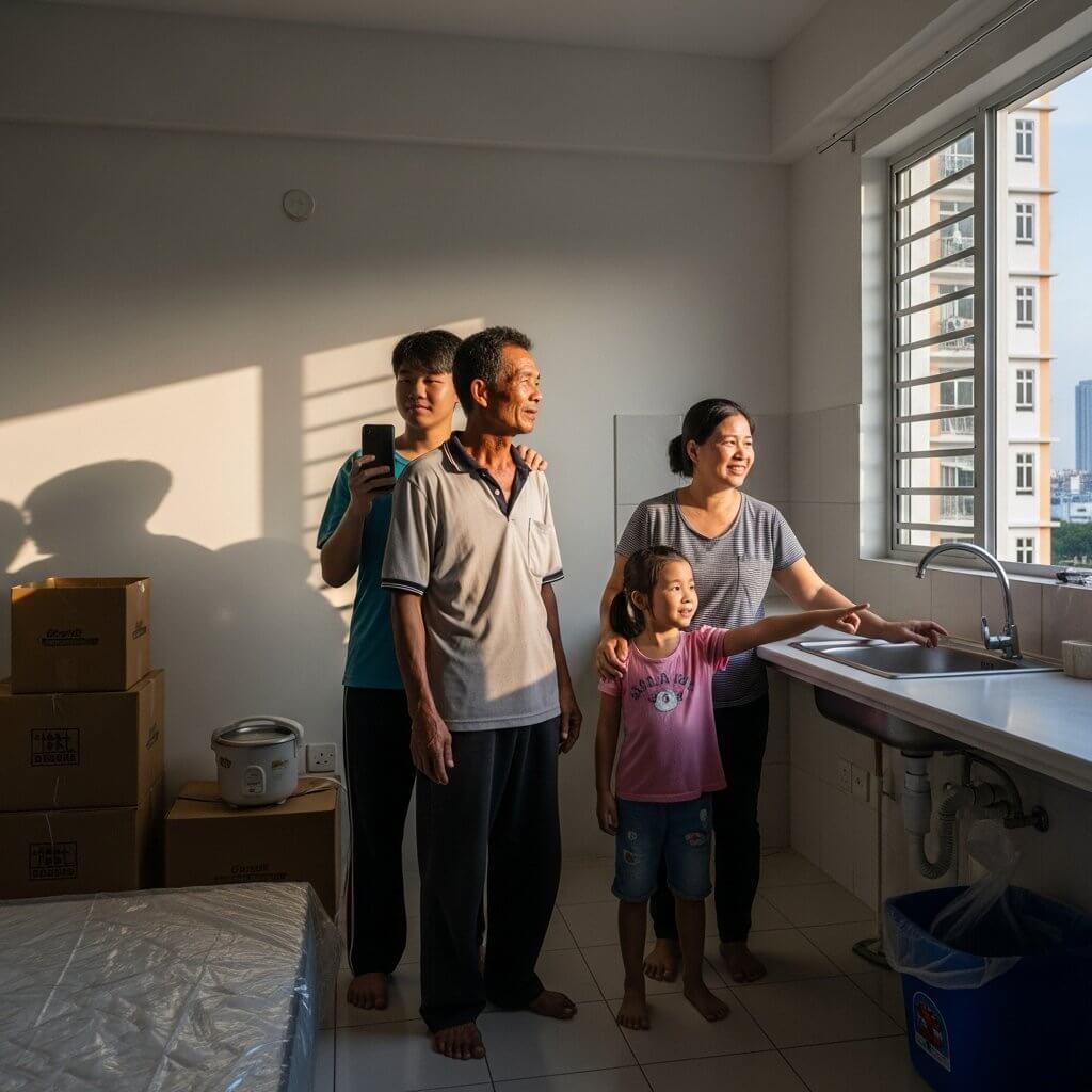 A family admiring their new affordable home