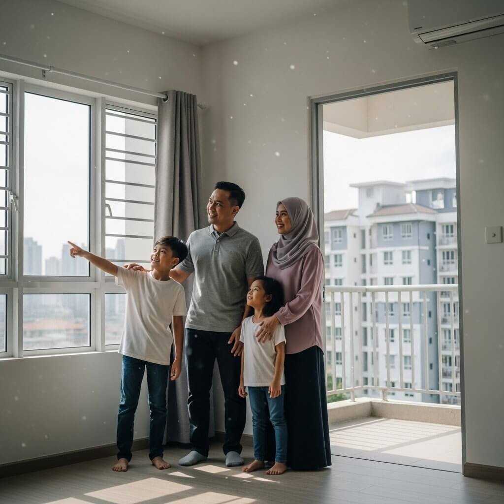 Keluarga muda berdiri di ruang tamu rumah baharu mereka sambil menikmati pemandangan dari tingkap.