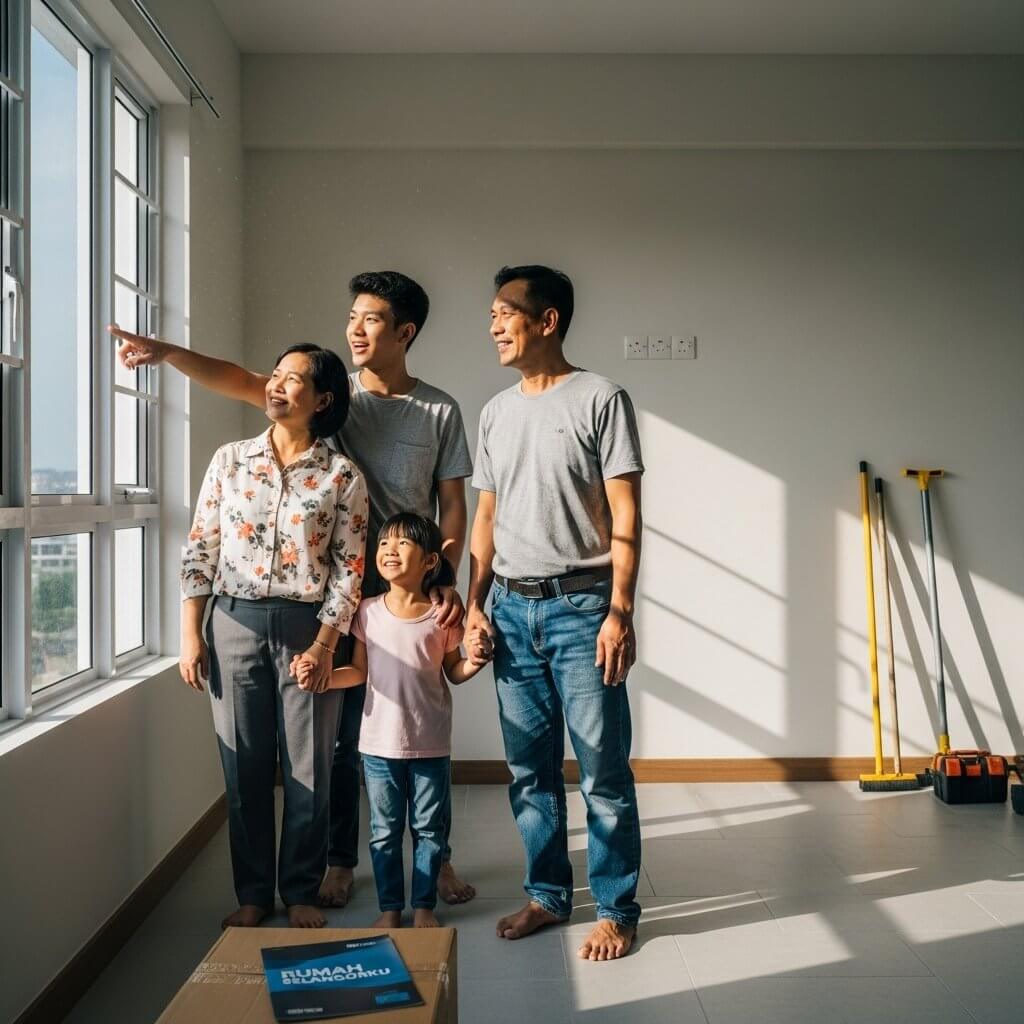 一家人欣赏他们的 Rumah Selangorku 公寓单位