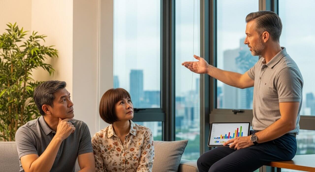 Real estate agent explaining Seller's Stamp Duty to a Singapore couple