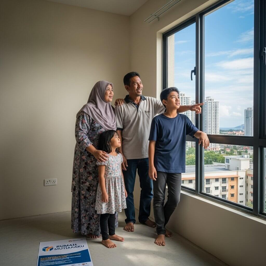 Sebuah keluarga Melayu sedang meneliti unit rumah mampu milik mereka yang baru siap dibina