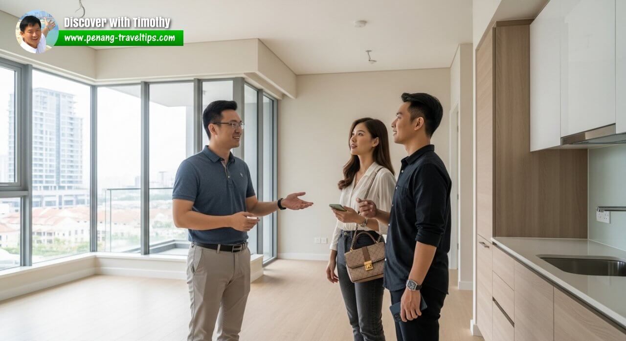 Malacca real estate agent showing a new condominium unit to a visiting Chinese couple from Kuala Lumpur