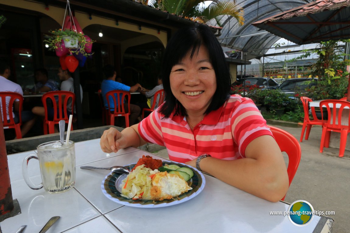 My wife Chooi Yoke enjoying her lunch in Gerai Makanan Kak Yah in Habu