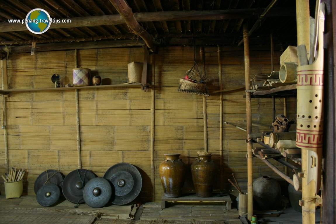 Gongs and Martaban jars inside the Bidayuh Headhouse