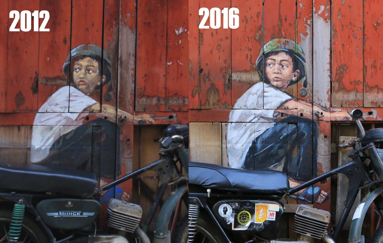 Before and After of the Boy On A Bike mural