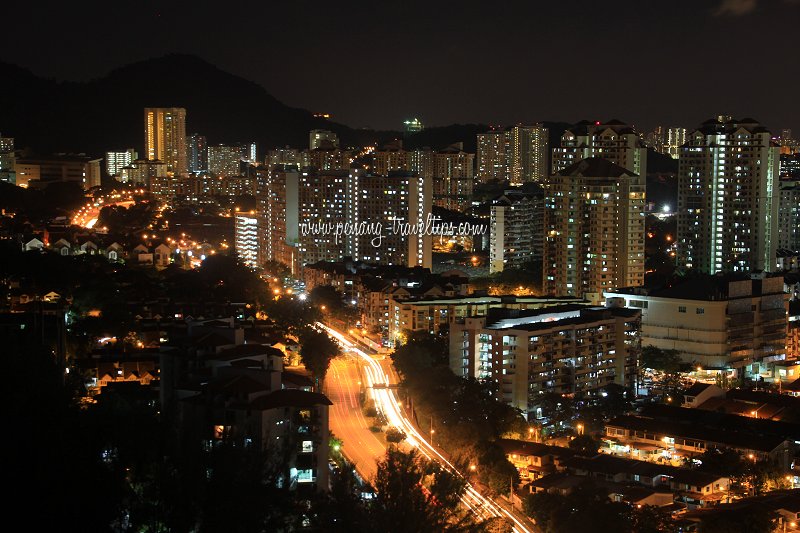 View of the Lip Sin high rise apartments and Sungai Dua at night