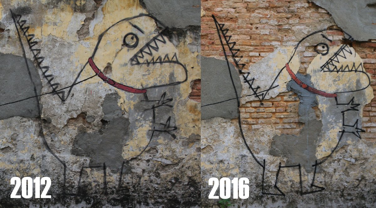 The little boy's dinosaur, in 2012 and 2016