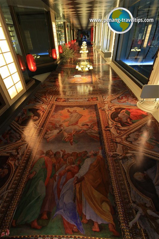 The ceiling frescoes at M Mall O2O, as seen upside down