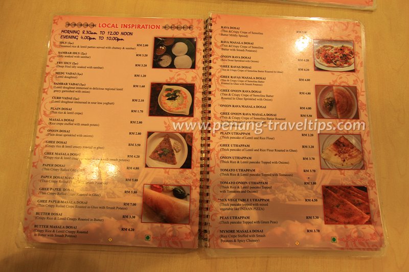 Woodlands Vegetarian Restaurant, menu