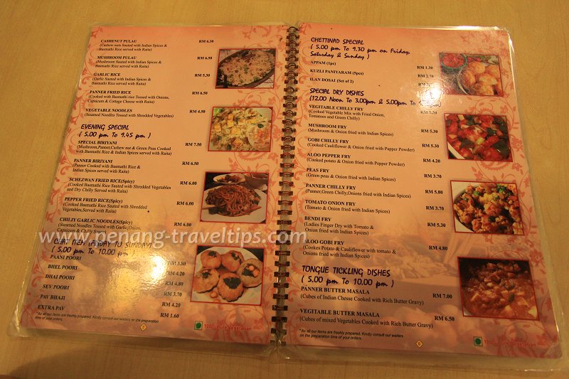 Woodlands Vegetarian Restaurant, menu