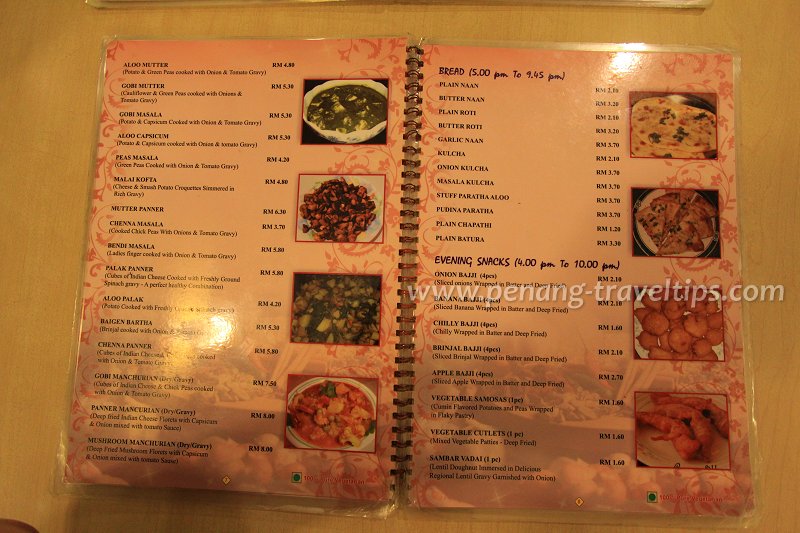 Woodlands Vegetarian Restaurant, menu