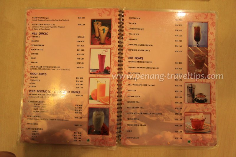 Woodlands Vegetarian Restaurant, menu