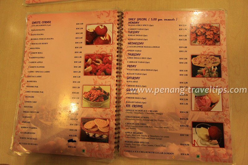 Woodlands Vegetarian Restaurant, menu