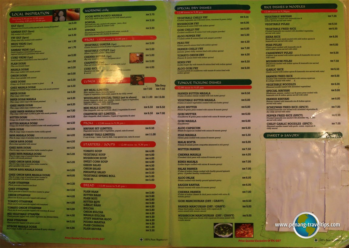 Woodlands Menu in 2016