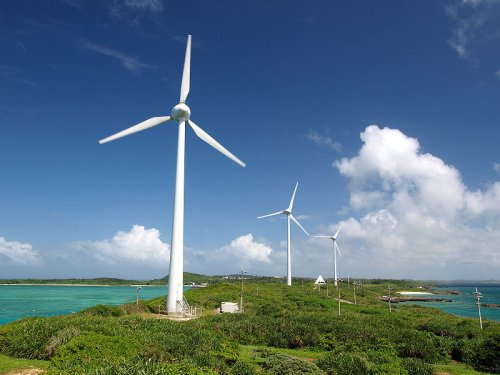 Wind turbines at Nishihennazaki, Miyako Island, Okinawa Prefecture