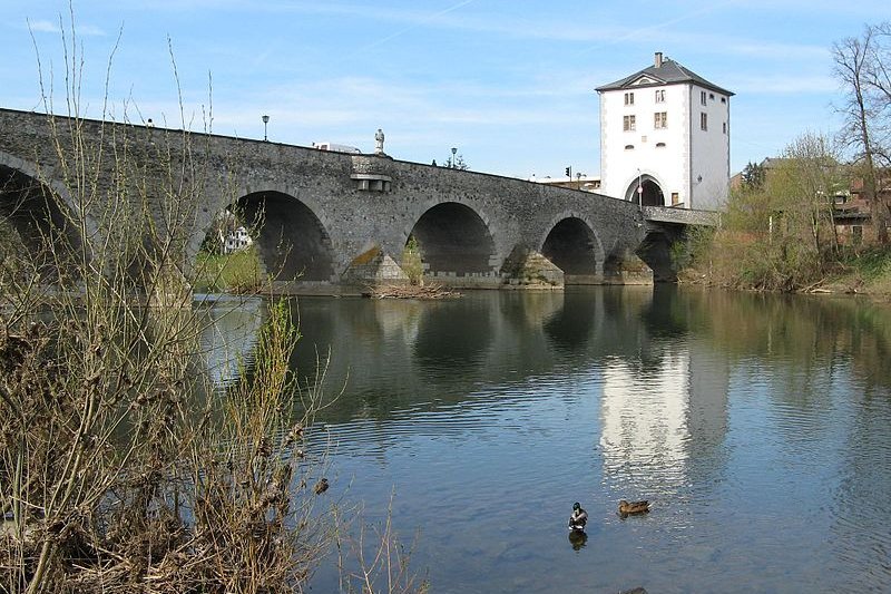 The Alte Lahnbrücke with bridge tower in Limburg, Hesse