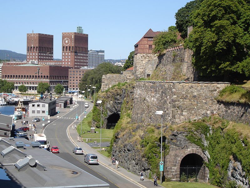 View of the City Hall, left, and Akershus Fortress, right, in Oslo