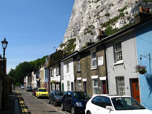 Houses in front of the White Cliffs, at the East Cliff of Dover