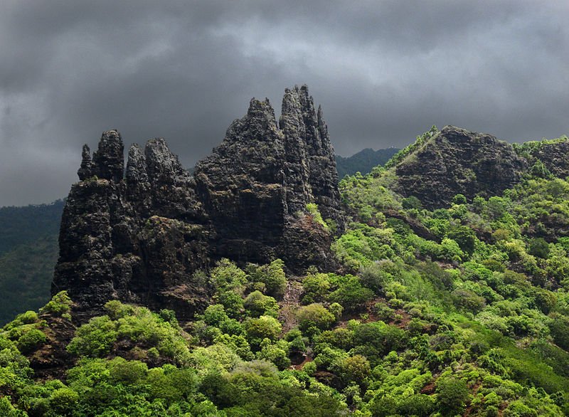 Rock formations at Hatiheu Bay, Nuku Hiva, French Polynesia