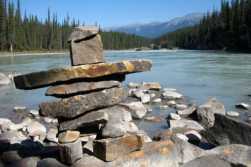 An inukshuk or stone landmark in Alberta, Canada