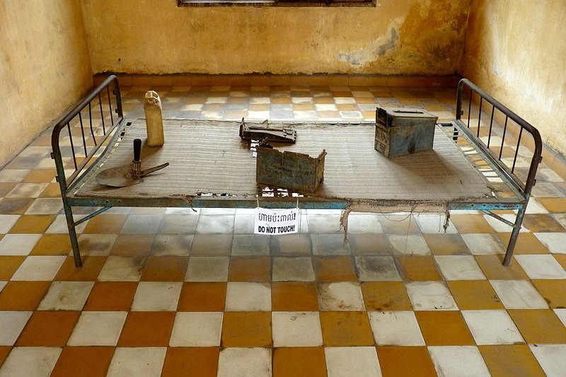 An iron bed at Tuol Sleng