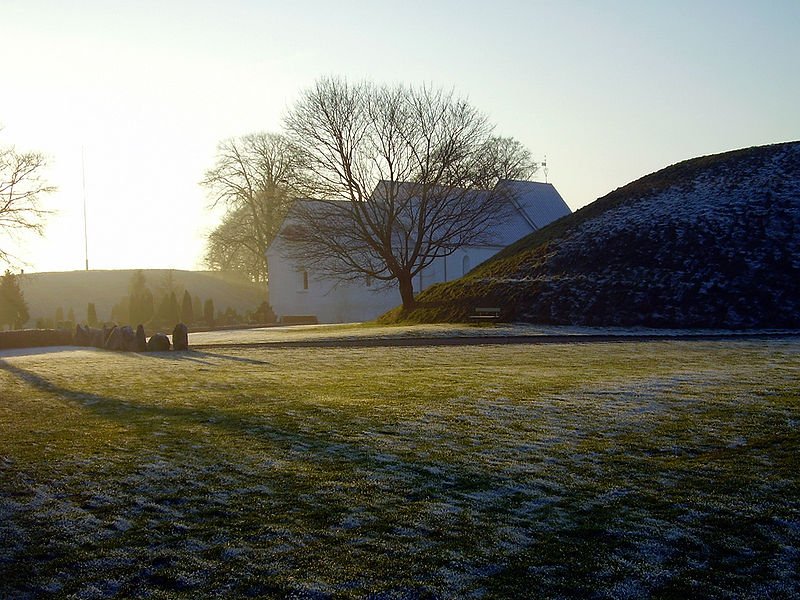 The church in Jelling with its rune stones and burial mound