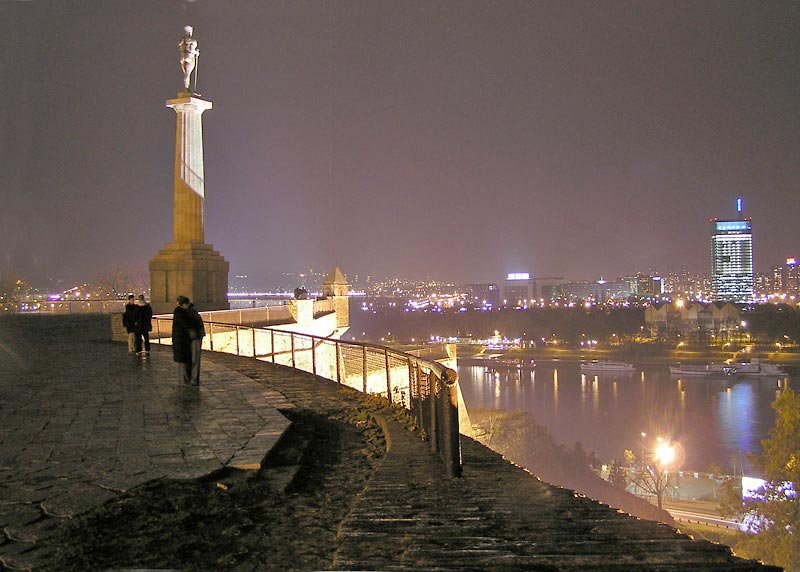 Kalemegdan Fortress Park overlooking Belgrade at night