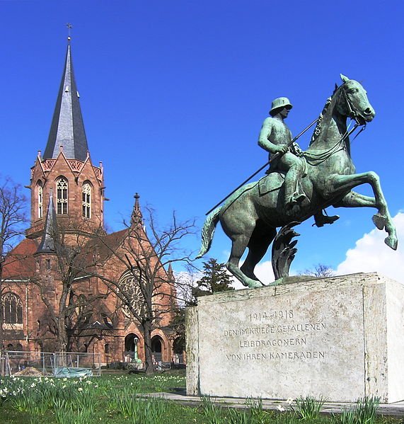 The Leibdragonerdenkmal and Christuskirche, Karlsruhe
