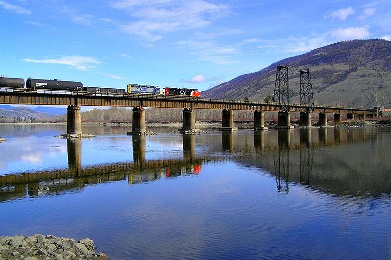 Train crossing the North Thompson River near Kamloops, British Columbia
