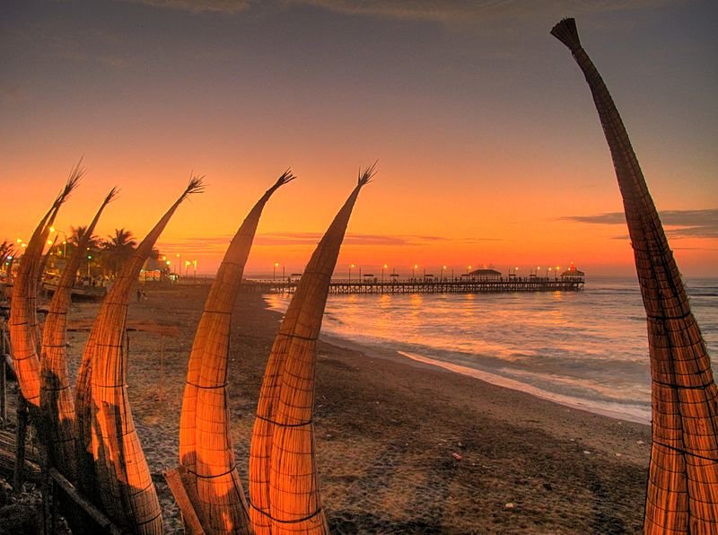 Reed fishing boats at Huanchaco Beach, Trujillo, Peru