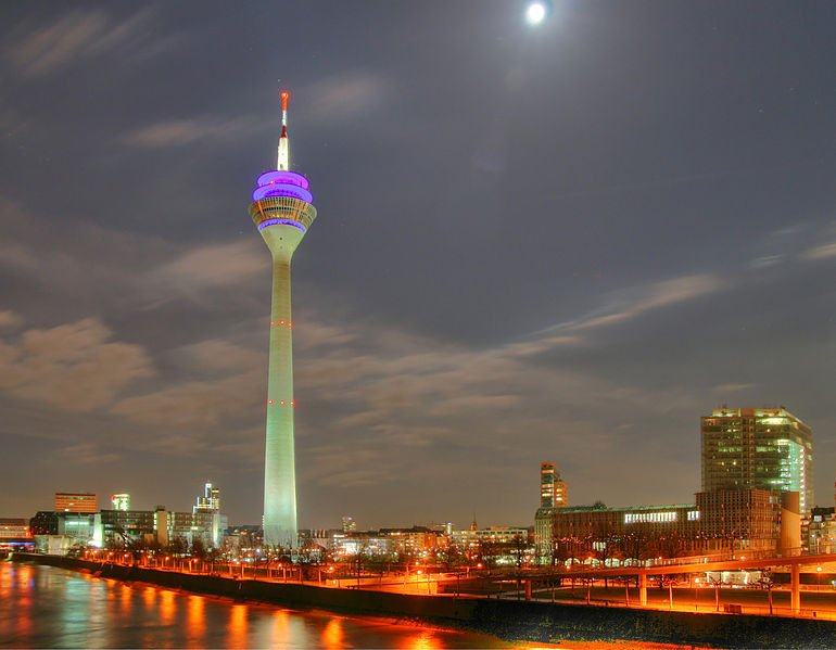 View of Rheinturm in Düsseldorf at night