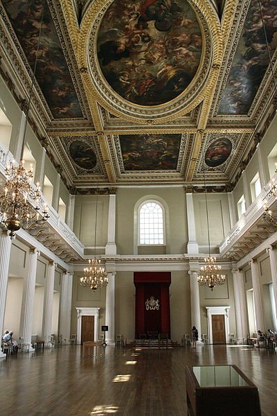 View of the banqueting hall at Banqueting House, with Rubens' painted ceiling