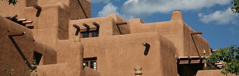Adobe Pueblo Revival style architecture in Santa Fe, New Mexico