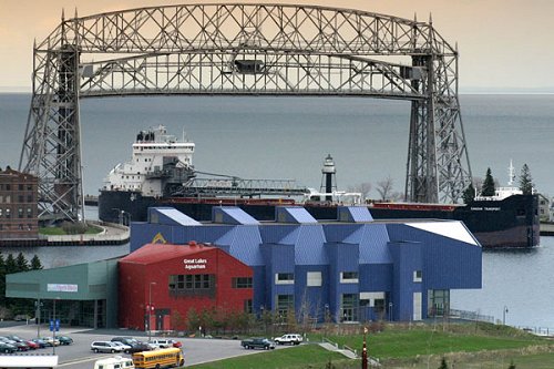 The Aerial Life Bridge, with the Great Lakes Aquarium in the foreground, Duluth