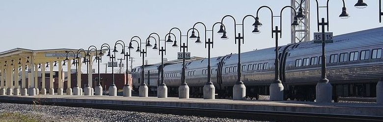 Amtrak train arriving at Greensboro Train Station, North Carolina