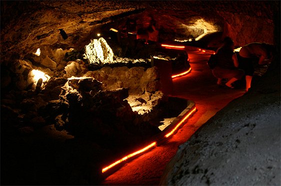 Illuminated lava tube at Lava Beds National Monument