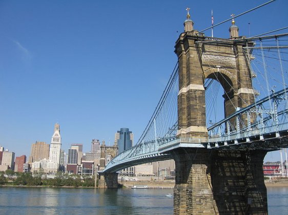 John A Roebling Suspension Bridge between Cincinnati (background) and Covington