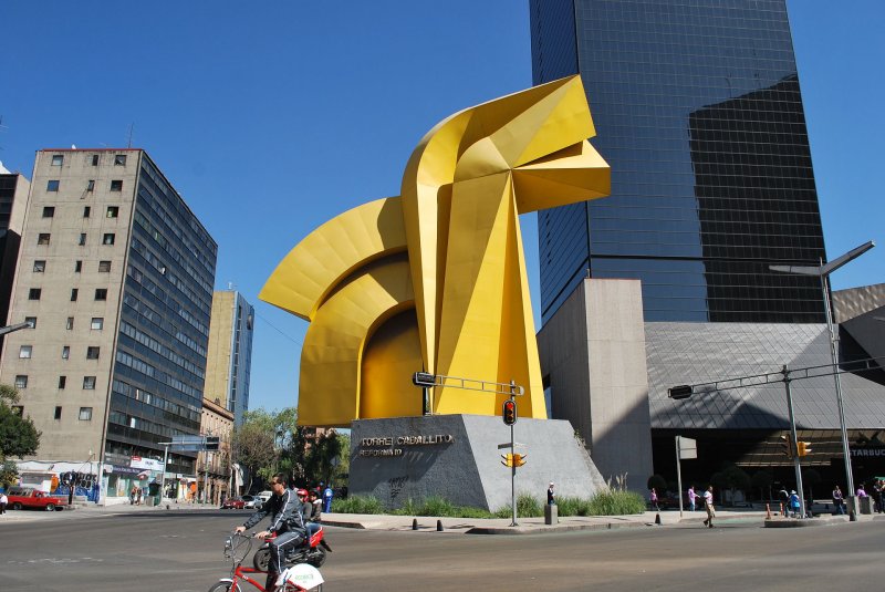 Sculpture in front of Torre del Caballito in Mexico City