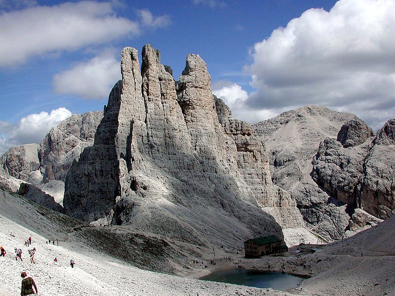 Jagged peaks of Le Torri del Vaiolet in the Dolomites, Italy