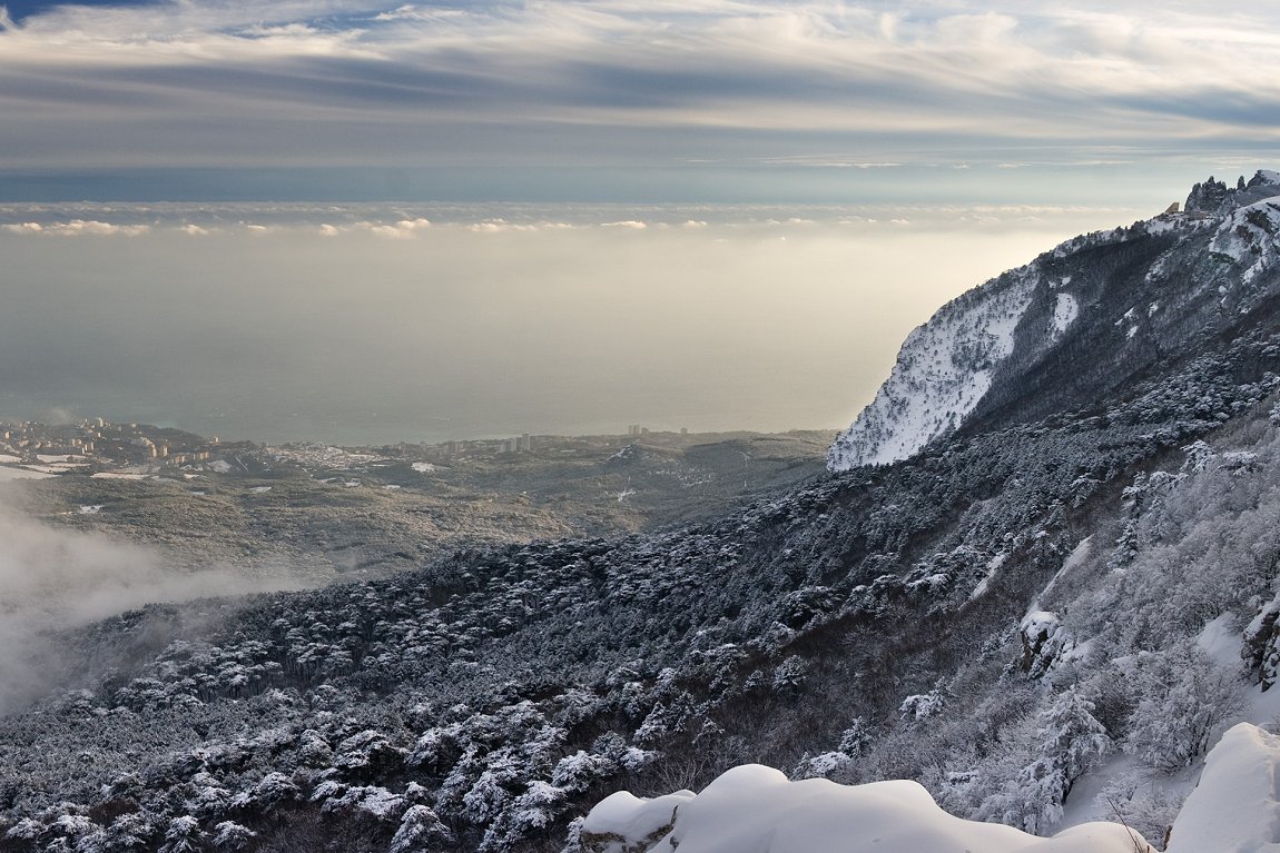 View of the Black Sea and the village of Gaspra from Mount Ai-Petri in the Crimea, Ukraine