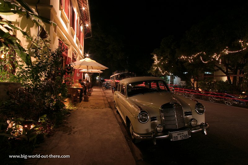 Vintage car on the street of Luang Prabang at night